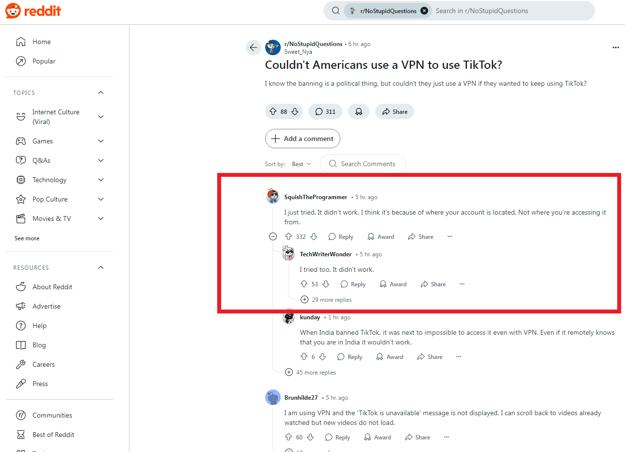 8054951-1 ▲▼美國論壇Reddit網友詢問,能否透過VPN使用TikTok,然而多數網友回應行不通。(圖/翻攝自Reddit)