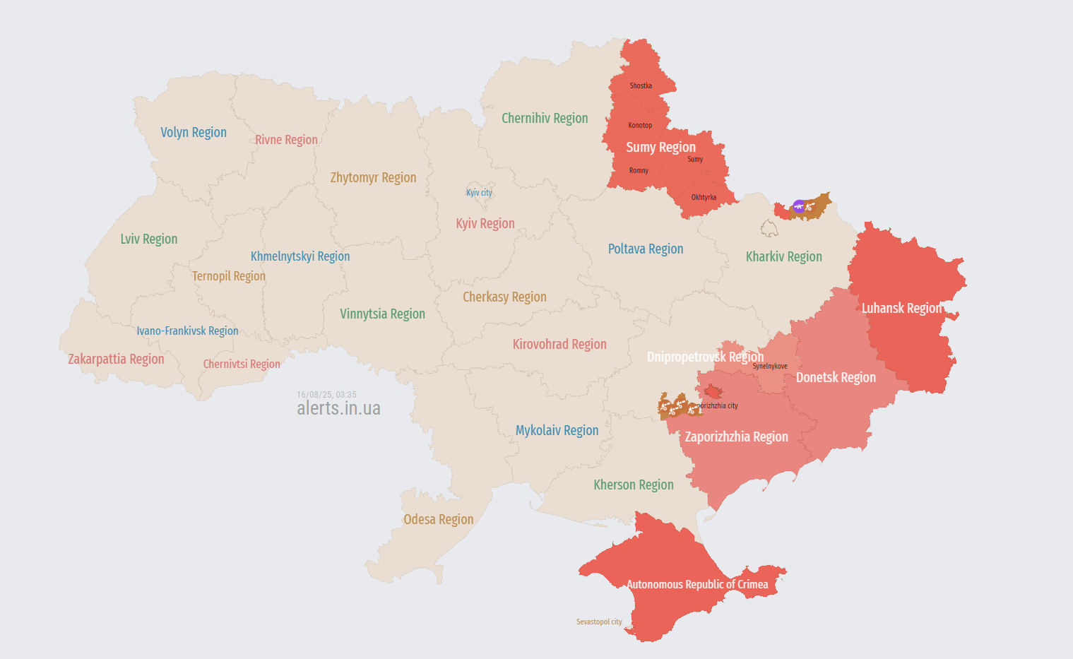 ▲▼烏克蘭東部空襲警報狂響。（圖／Air Raid Alert Map of Ukraine）
