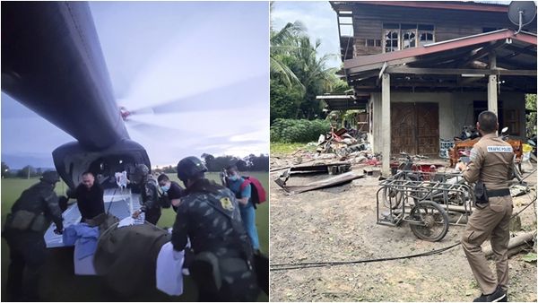 ▲▼泰國與柬埔寨邊境爆發衝突。左圖為踩到地雷受傷的泰國士兵被空運送醫，右圖為柬埔寨向泰國素林府住宅區發射砲彈後的場景。  （圖／達志影像／美聯社）