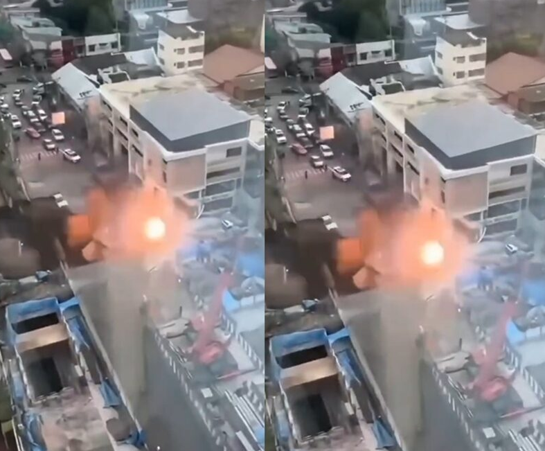 8415388-1 ▲▼曼谷市區驚現「50m深天坑」!炸出火花恐怖瞬間曝 地鐵施工釀禍。(圖/翻攝自khaosod)