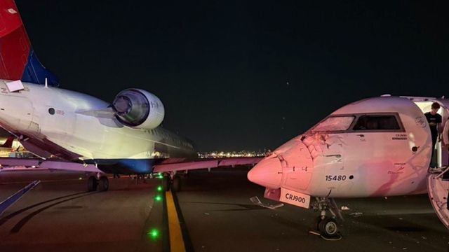 ▲▼2機相撞！達美客機跑道滑行撞擊　機鼻毀損畫面曝光。（圖／翻攝X）