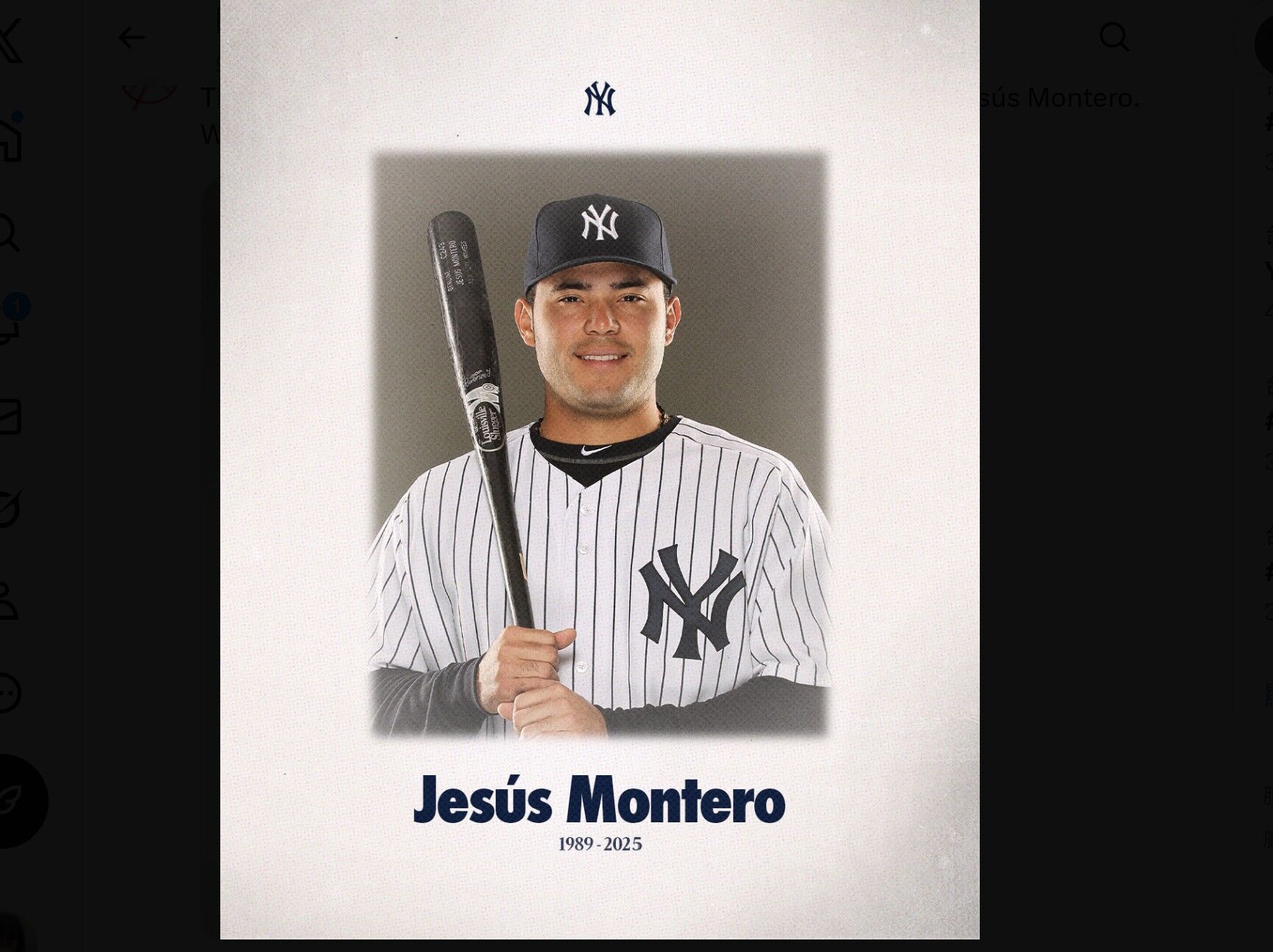 ▲▼前洋基捕手蒙特羅因車禍離世，享年35歲。（圖／翻攝自X／New York Yankees）