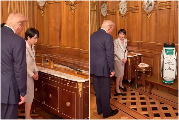 d8466157-1 ▲▼ 高市早苗贈送給川普的禮物,包括已故首相安倍晉三的高爾夫推桿,以及知名日本高球選手松山英樹親筆簽名的高爾夫球袋。(圖/路透)