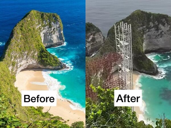 ▲▼峇里島暴龍懸崖被玻璃電梯破壞！居民怒炸。（圖／翻攝自X／@pendakilawas）