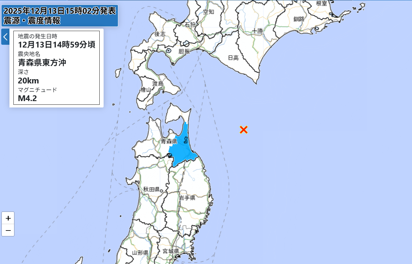 8535668 ▲▼日本青森縣東方外海稍早又發生有感地震。(圖/日本氣象廳)