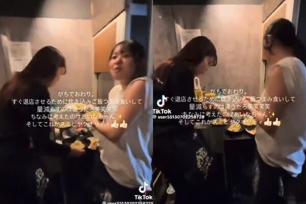 ▲日居酒屋女員工「徒手抓客人餐點」集體塞嘴裡！　超噁影片曝光。（圖／翻攝自X）