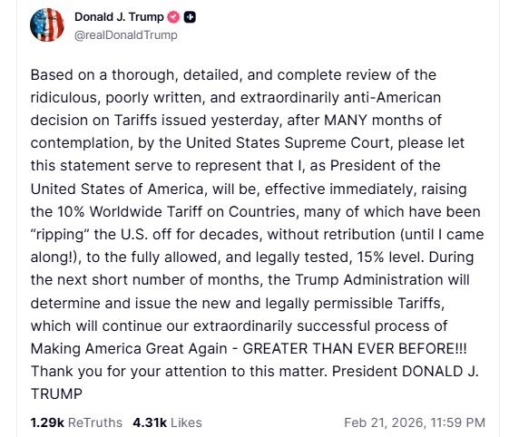 ▲▼川普宣布將全球關稅從10%升至15%。（圖／翻攝自Truthsocial／@realDonaldTrump）