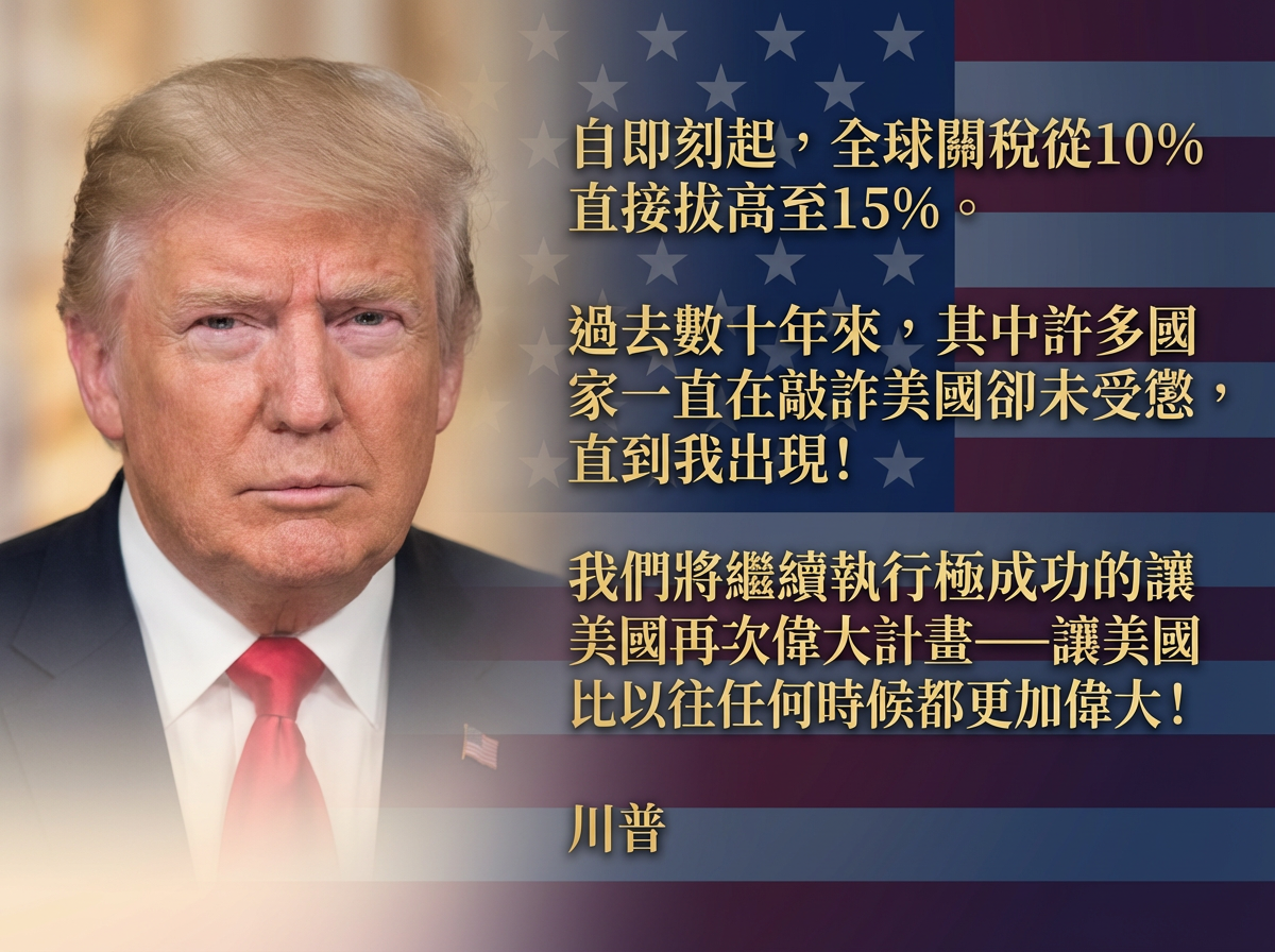▲川普宣布全球關稅從10%升至15%。（AI協作圖／記者董美琪製作，經編輯審核）