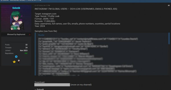 d8575568 資安公司Malwarebytes證實,Instagram資料遭外洩,約1,750萬個帳號受影響。(圖/截自CyberInsider網站)