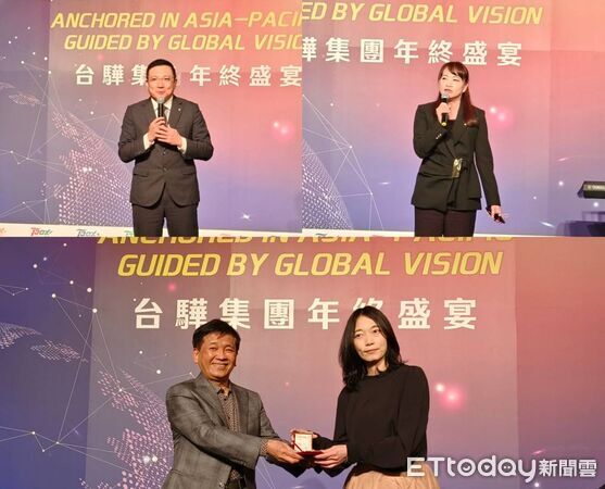 d8585951 ▲左上圖陽明海運董事長蔡豐明致詞;右上圖華航台灣貨運中心總經理林侑宣致詞;下圖顏益財頒獎給資深20年員工時指出,台驊是幸福企業,女員工看起來特別年輕。(圖/記者張佩芬攝)