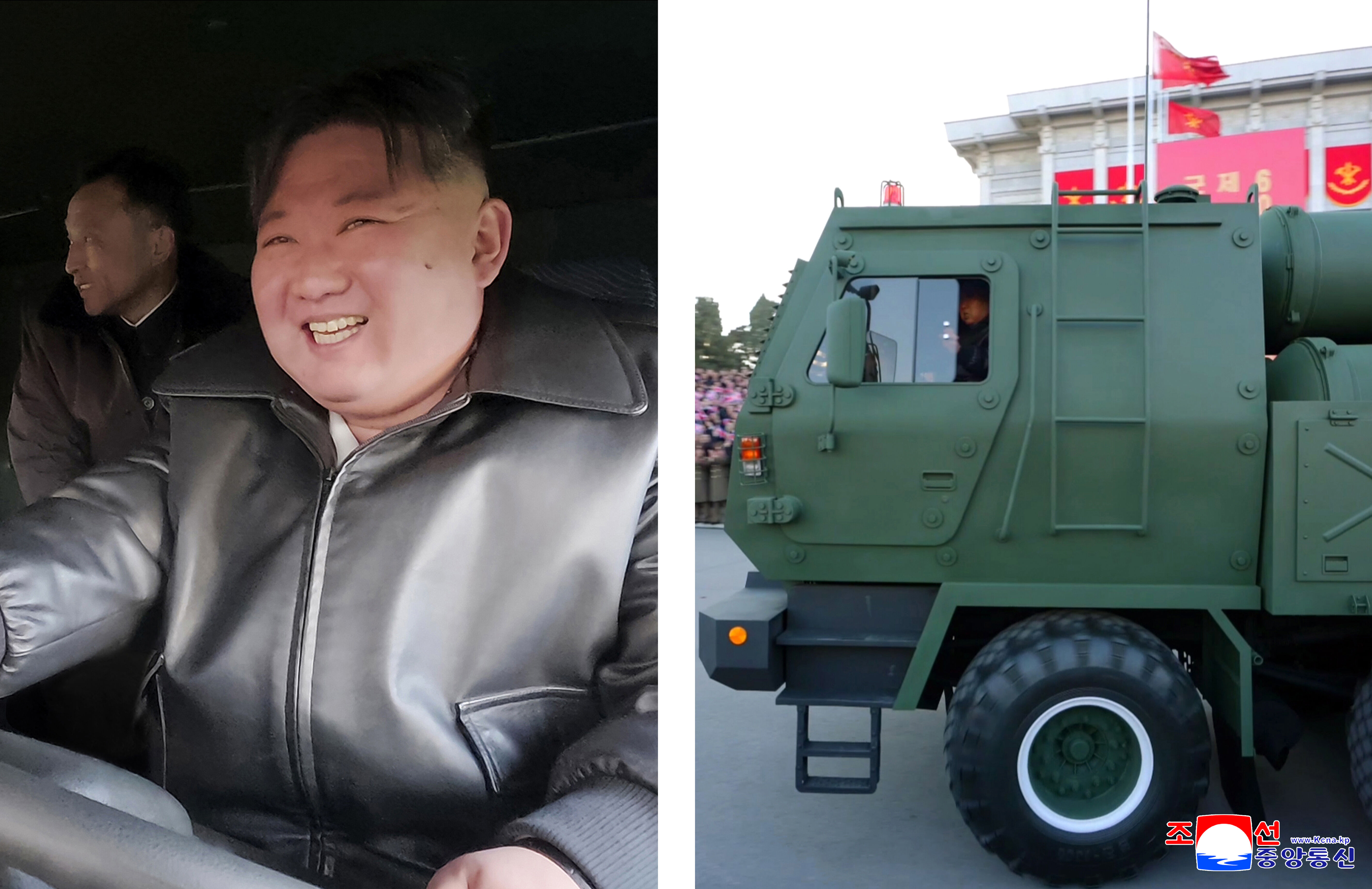 ▲▼金正恩親自駕駛600mm大口徑放射砲發射車。（圖／達志影像）