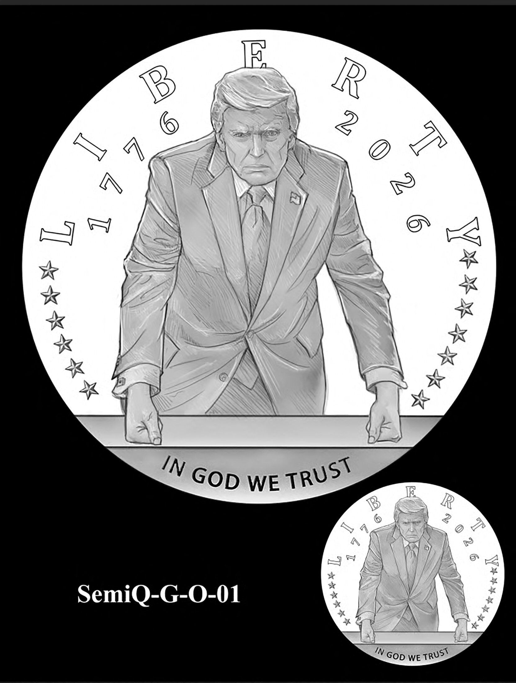 ▲▼印有美國總統川普（Donald Trump）肖像的美國建國250週年紀念金幣設計。（圖／路透）