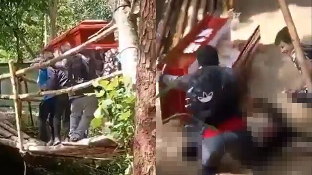 8667223-1 ▲▼橋垮了!送葬隊集體落水「急撈遺體」超狼狽 棺材摔爆畫面曝光。(圖/翻攝X)
