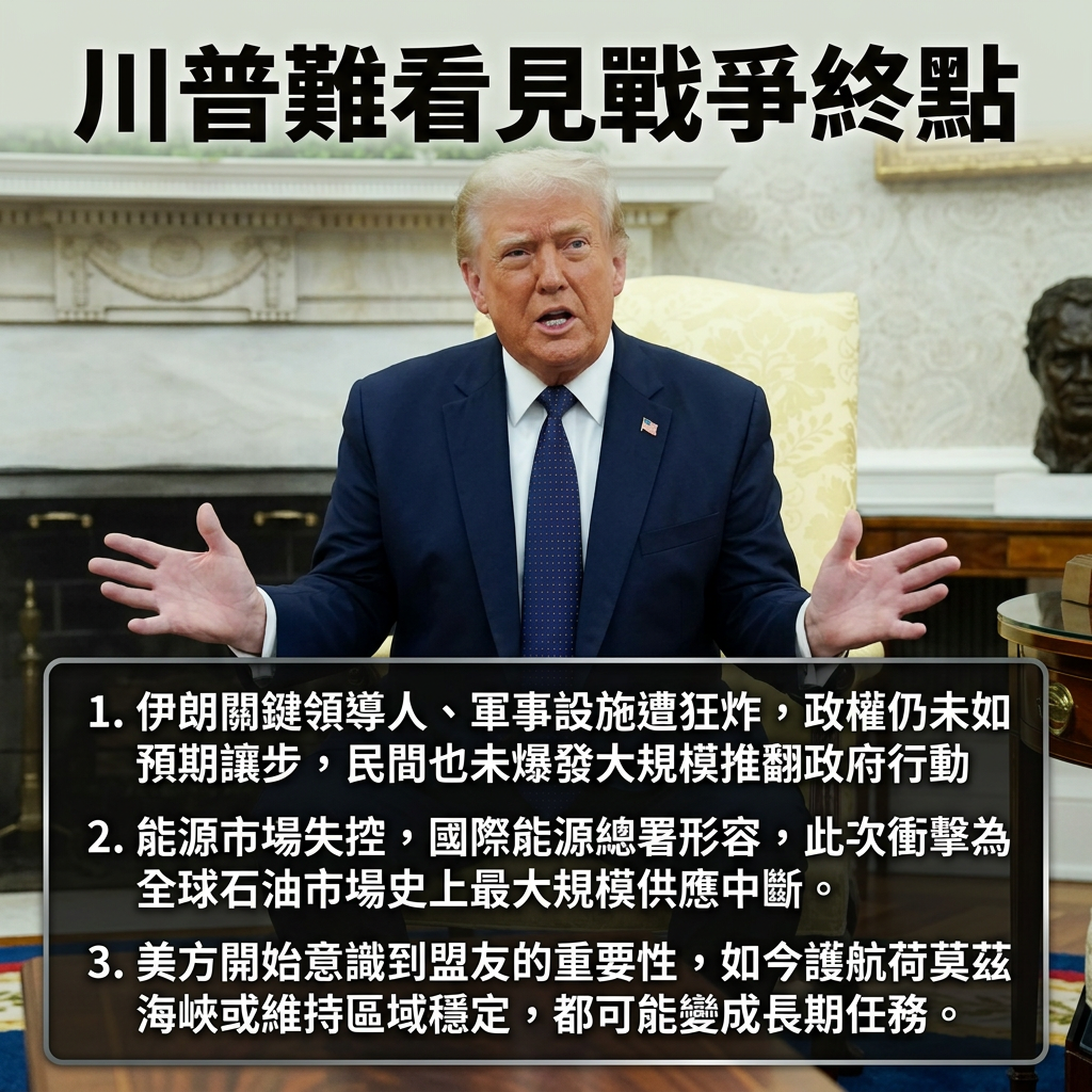 ▲川普伊朗戰事難看見終點。（AI協作圖／記者張靖榕製作，經編輯審核）