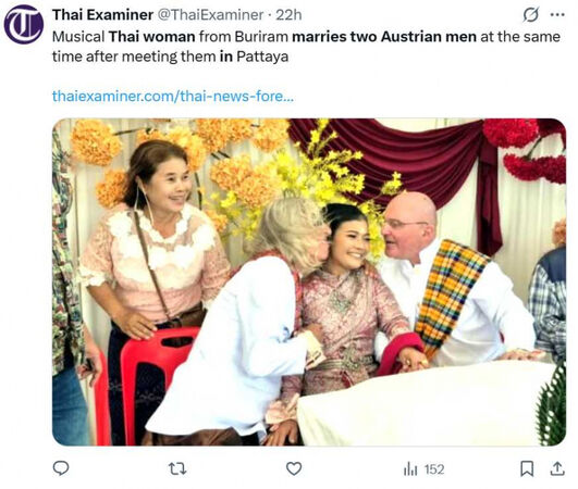 泰國布里蘭府一名女子在婚禮中同時嫁給兩名奧地利男子，三人共同生活的安排引發外界關注。（圖／翻攝自X，@ThaiExaminer）