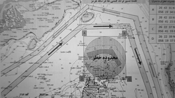 ▲▼伊朗伊斯蘭革命衛隊（IRGC）海軍發布一張地圖，為通行荷莫茲海峽（Strait of Hormuz）的船隻指示「替代航線」，協助避開水雷。（圖／翻攝eghtesadnews.com）
