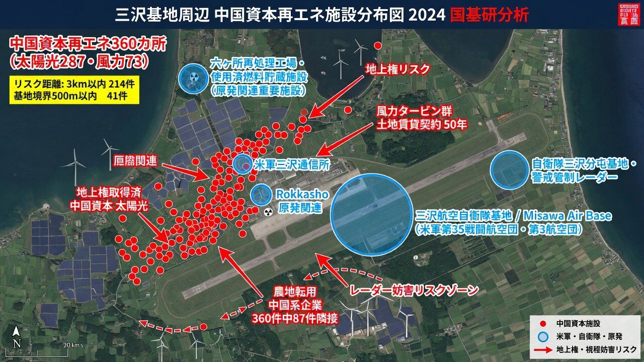 8722942 ▲▼日本青森縣三澤基地附近,約有360處涉及中國資本的再生能源發電設施。(圖/翻攝自X)