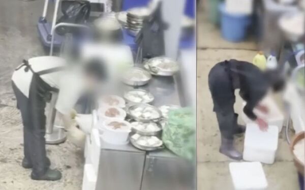 ▲▼南韓首爾廣藏市場商人從垃圾桶撿起丟棄的冰塊杯「重新再利用」，再度裝回冰塊。（圖／翻攝自韓網）