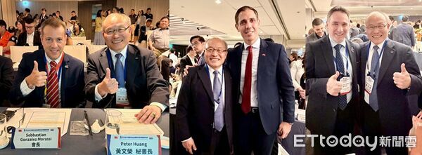 ▲IEAT秘書長黃文榮與巴拉圭工商部長Marco Riquelme(中)、巴拉圭出口協會主席Sebastian Gonzalez Morassi(左圖)、巴拉圭工商部中小企業處處長Gustavo Giménez(右圖)於活動現場交流合影。（圖／IEAT）