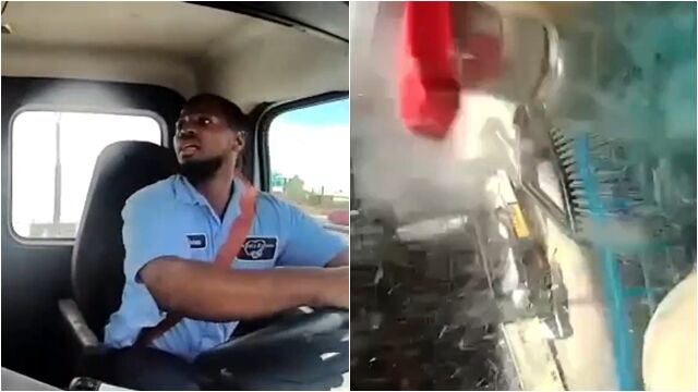 8727272 ▲▼「客機撞卡車」驚悚視角!美聯航低空削爛駕駛座 司機超命大。(圖/翻攝X)