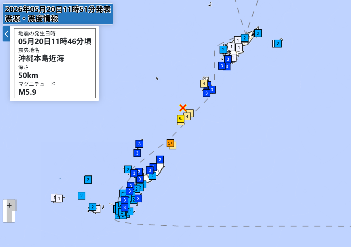 8749428 ▲▼ 沖繩本島近海發生規模5.9地震。(圖/翻攝自日本氣象廳)